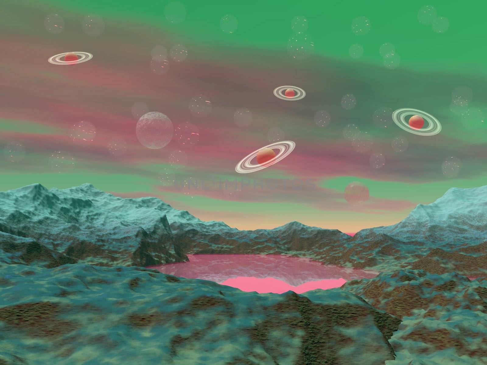 Pink and green landscape with small lake in rock mountains and saturn planets