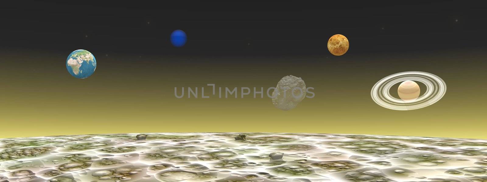 View on the universe and planets from the moon by night