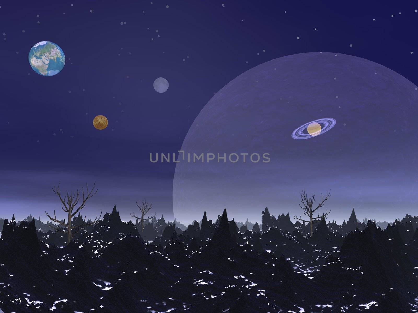 Nightime landscape with sharp rocky mountains, dead trees and planets