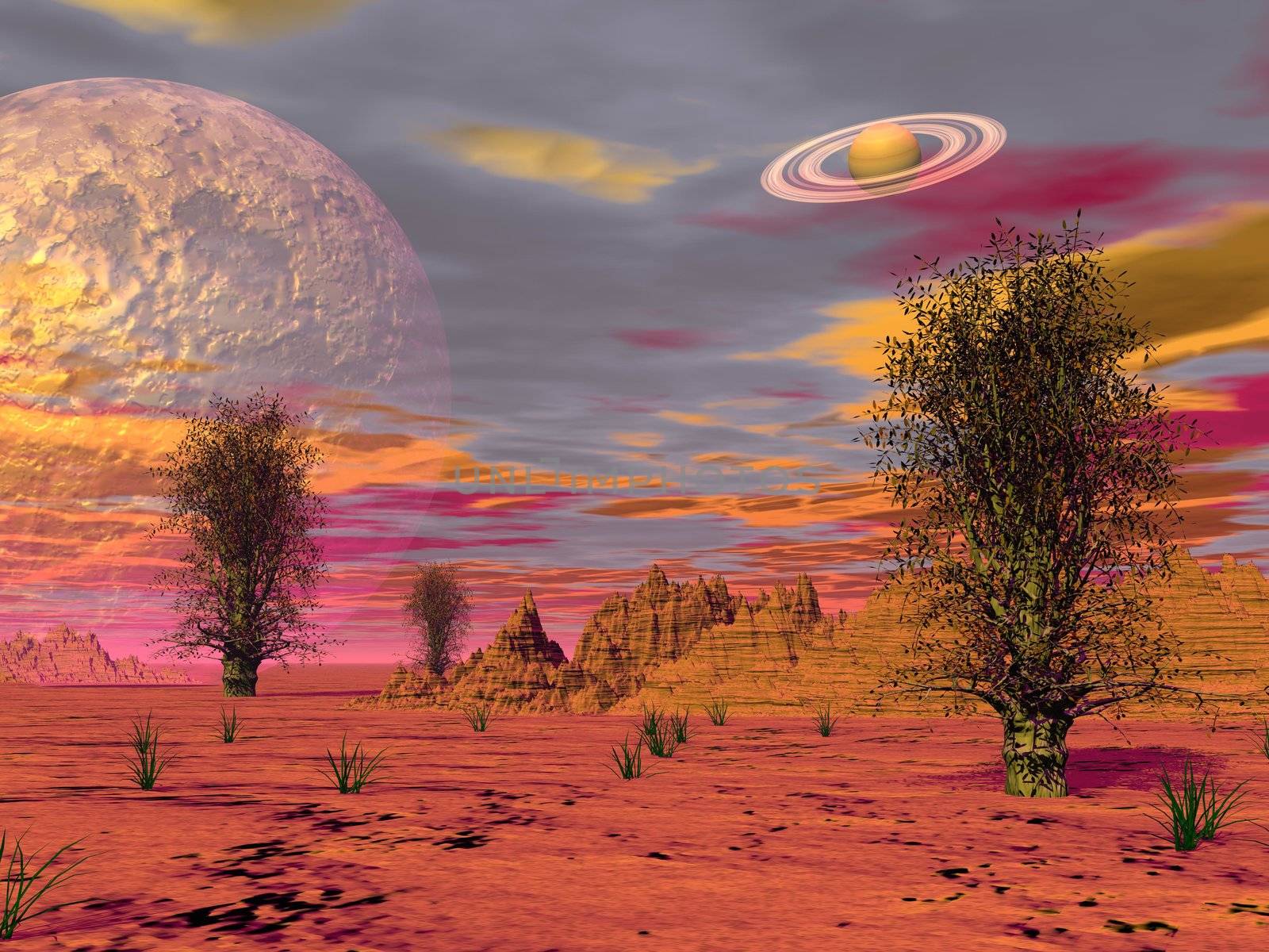 Brown landscape with rock mountains in the desert, trees, fog and planets