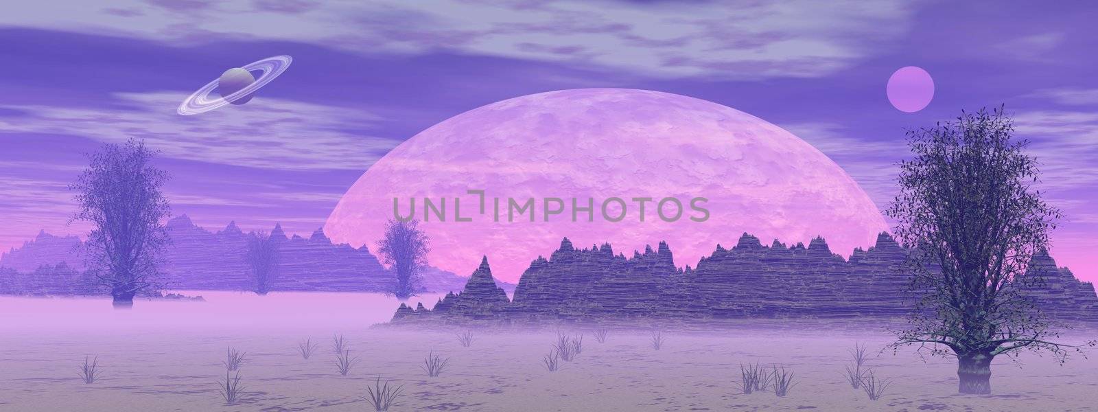 Violet landscape with rock mountains, trees, fog and planets