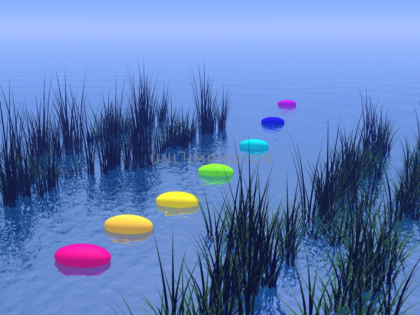 Seven pebbles with chakras colors upon the deep blue ocean and between vegetation, horizon in the background