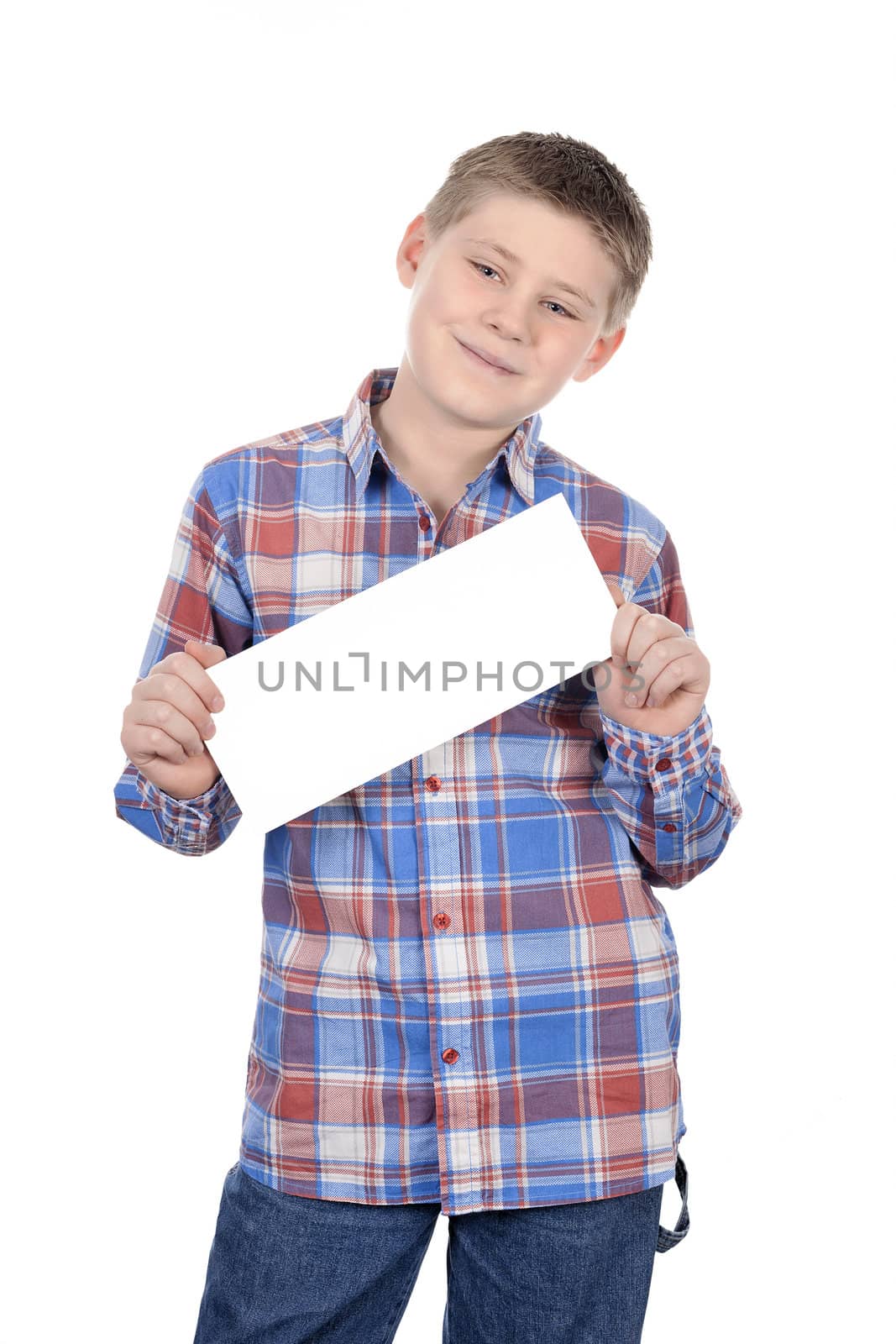 cute boy standing with empty horizontal blank in hand