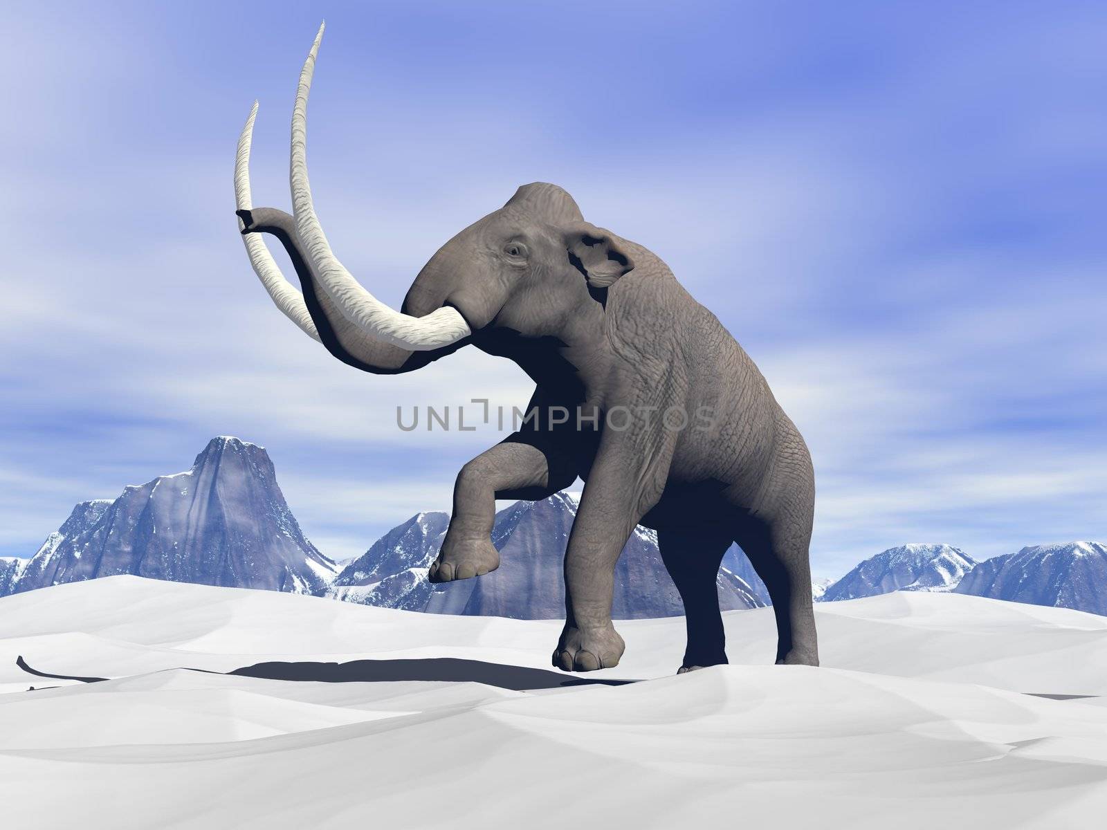 Big mammoth walking slowly in the snowy mountain