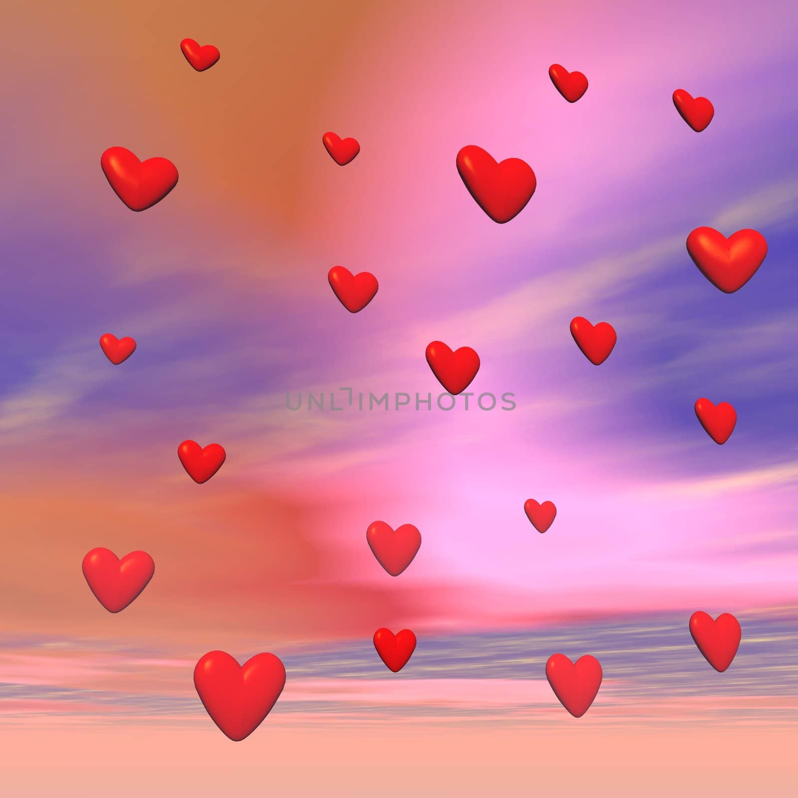 Many red heart in colorful cloudy sky