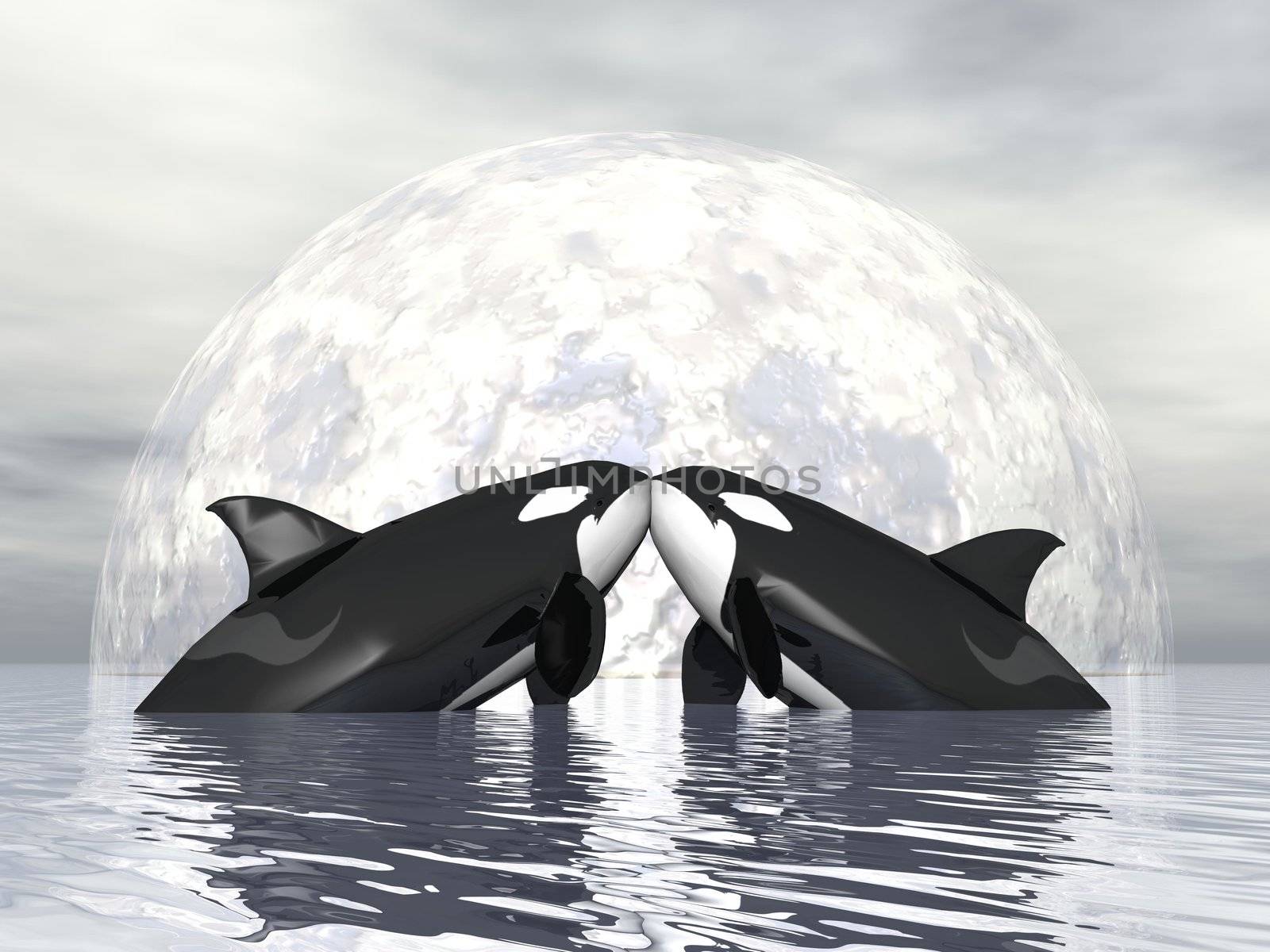 Couple of orca kissing in front of the moon
