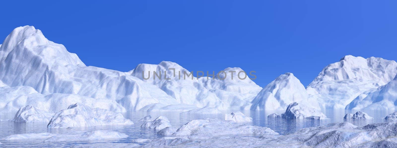 Landscape of northen nature with white icebergs melting in water by beautiful weather