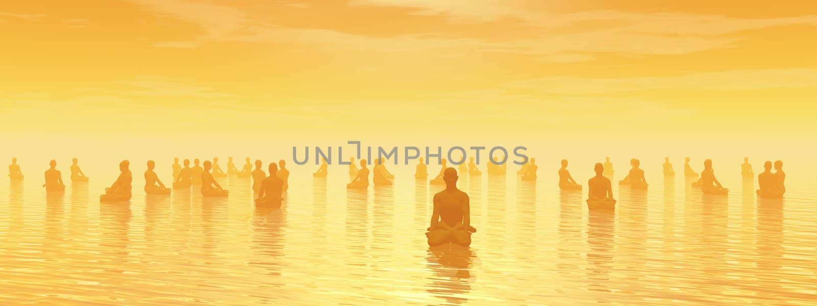 Many human beings meditating together by sunset