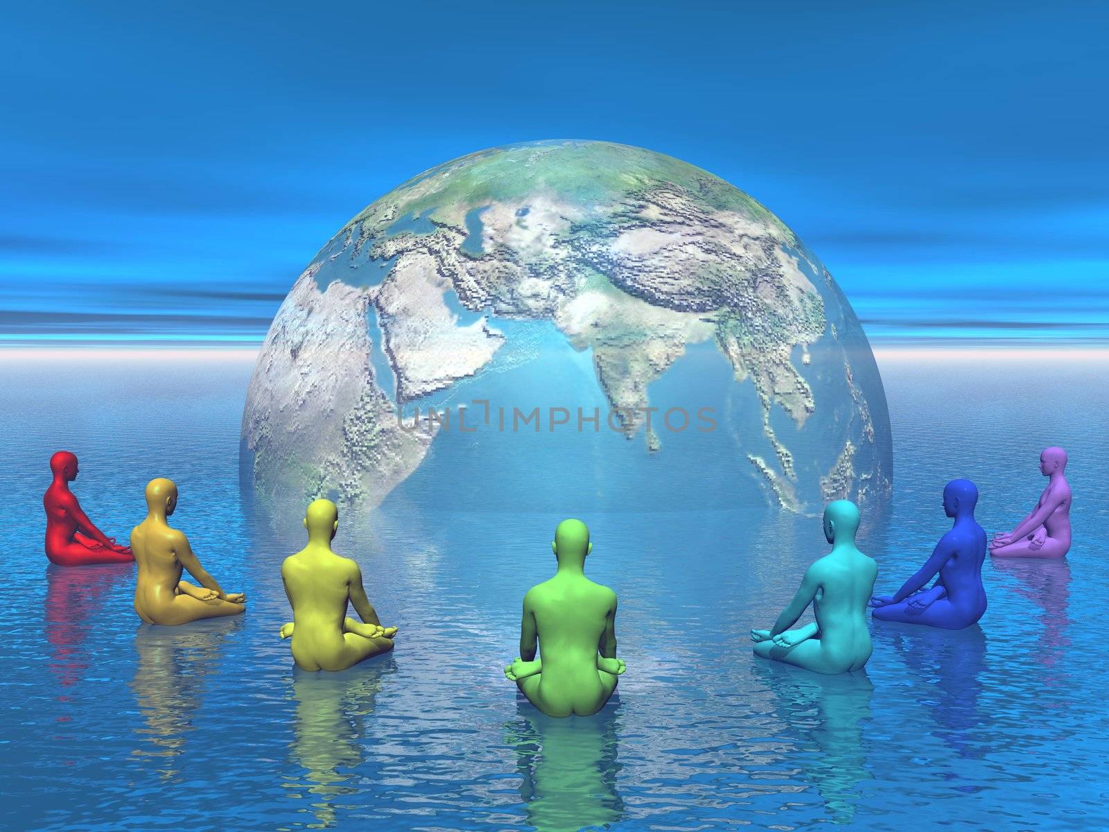 Seven human with chakra colors sitting in lotus position in front of the earth and meditating for it