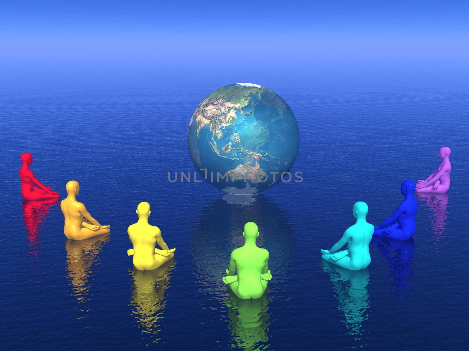 Seven human with chakra colors sitting in lotus position in front of the earth and meditating for it