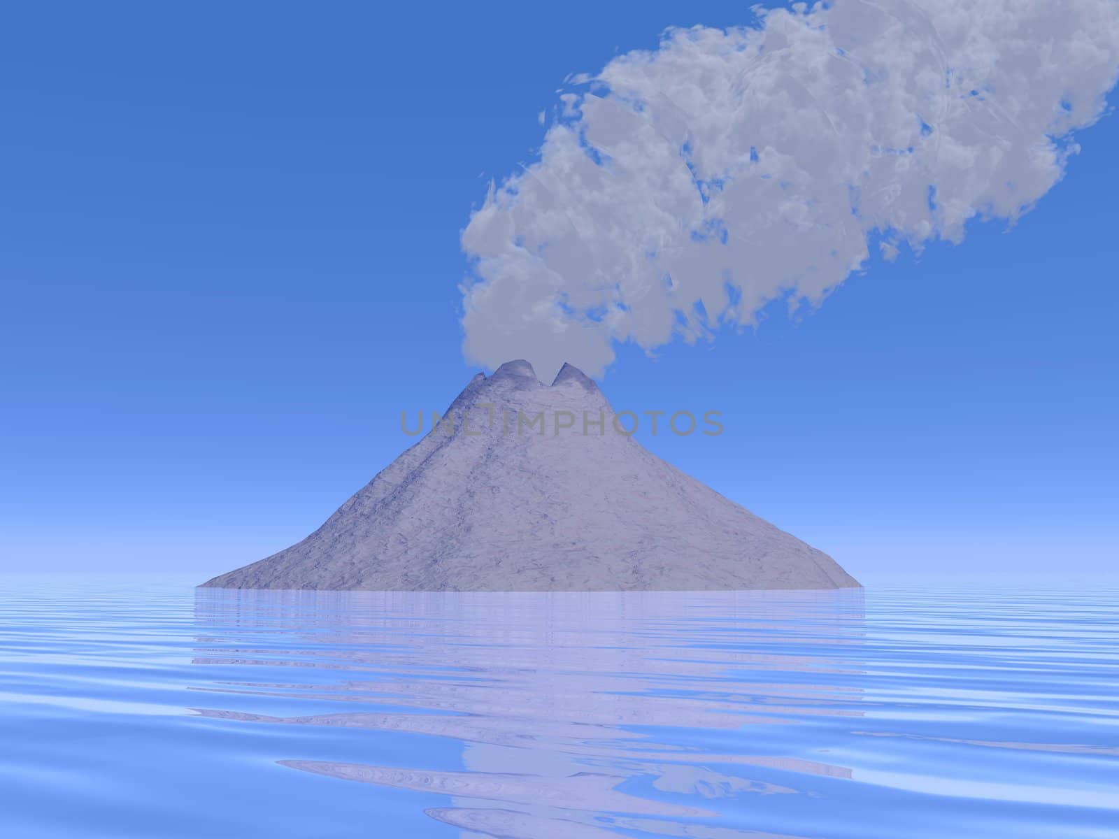 Grey smoke of a volcano island by beautiful day