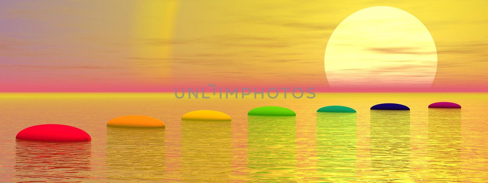 Seven steps with chakra colors over ocean leading to the sun by sunset