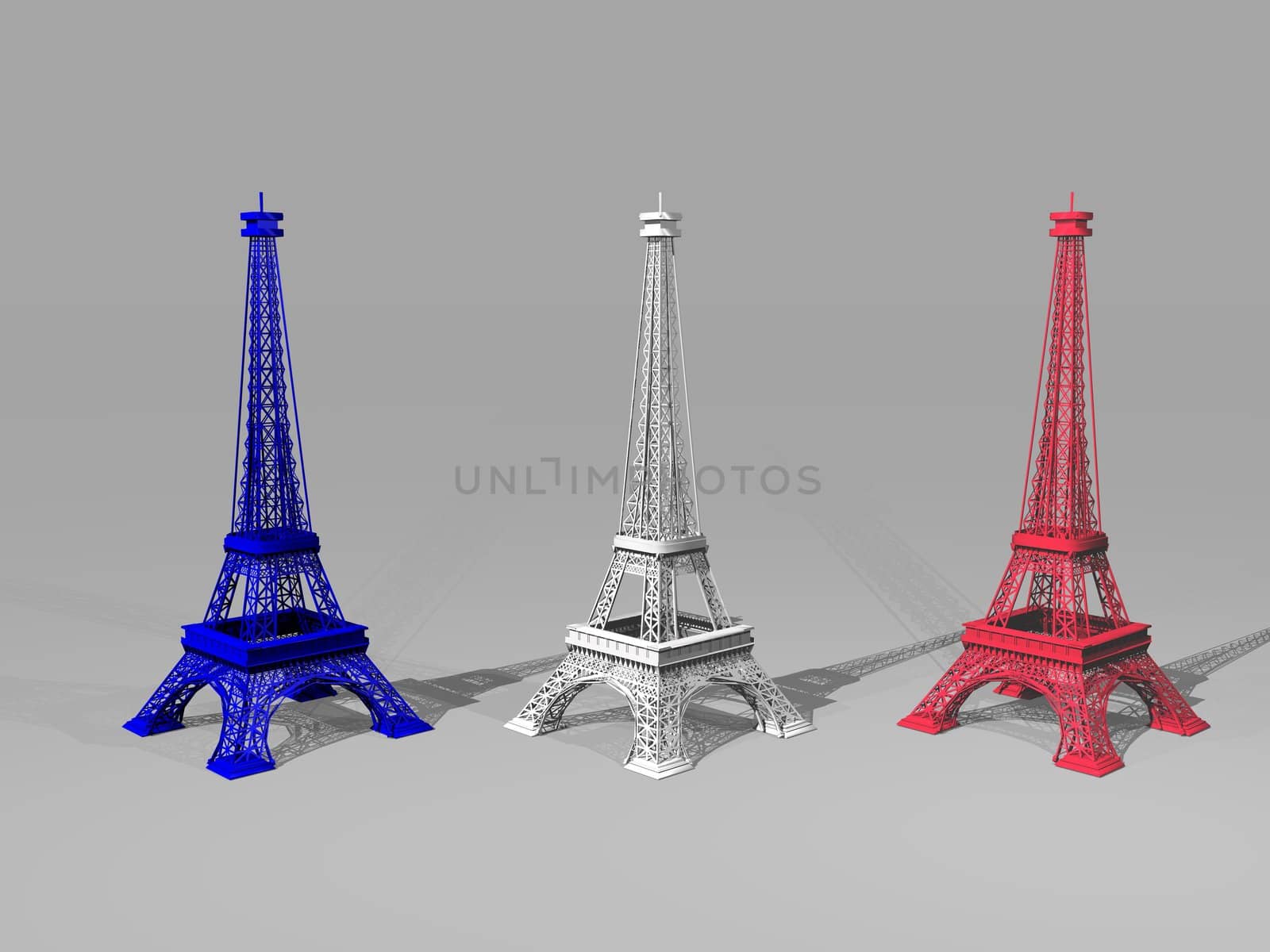 French flag colors on three Eiffel towers in grey background - 3D render