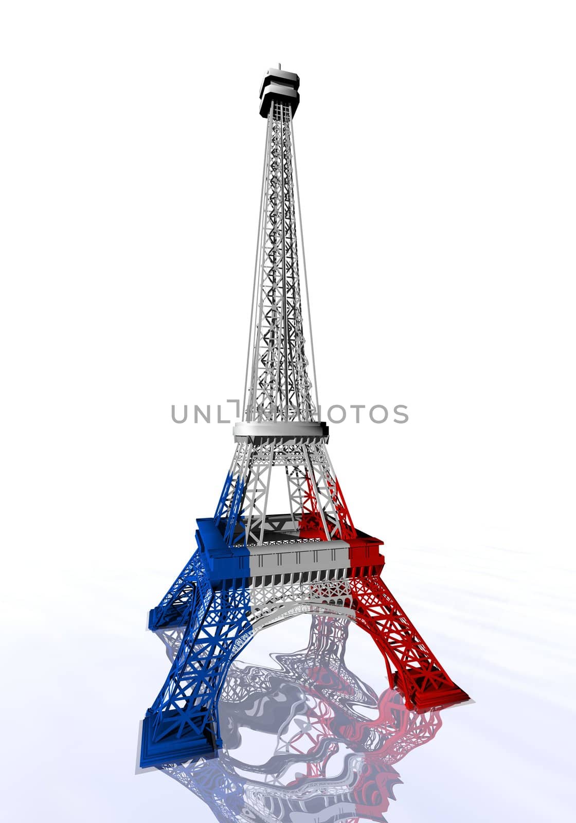 French flag colors on Eiffel tower in white background - 3D render