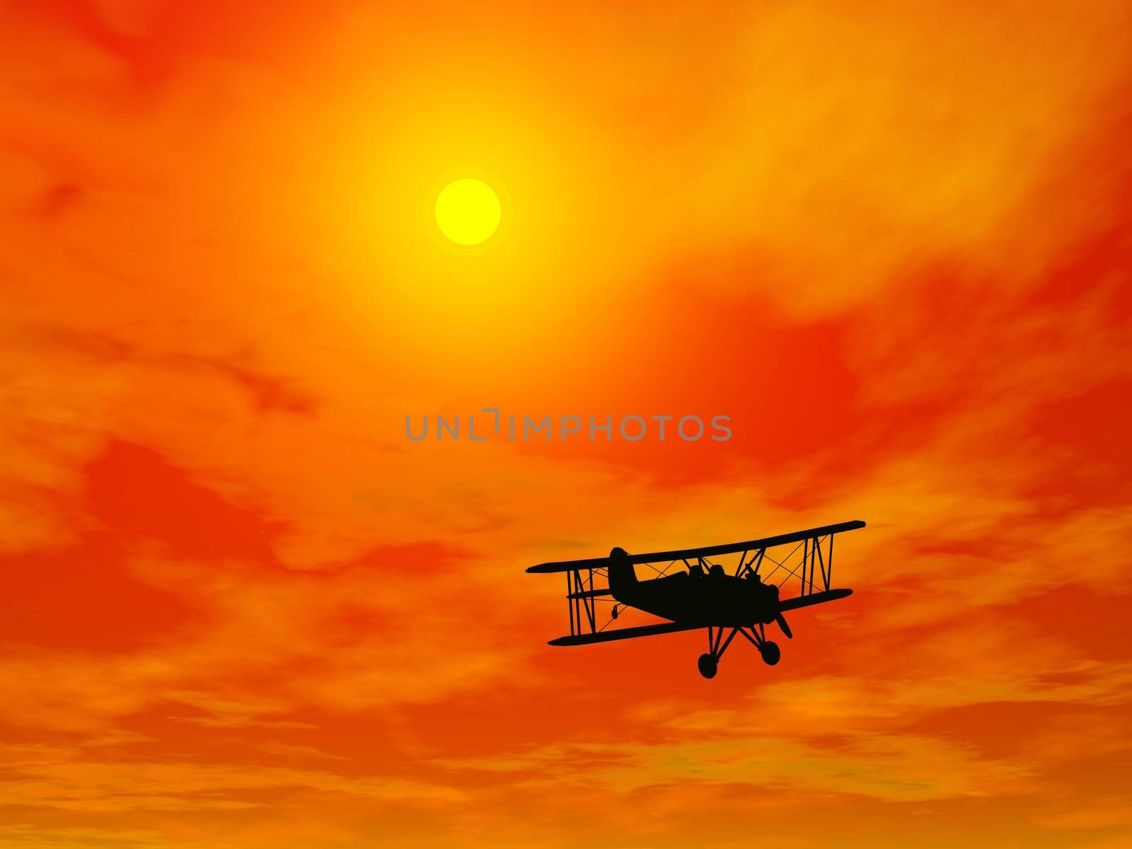 Biplan in burning sky - 3D render by Elenaphotos21
