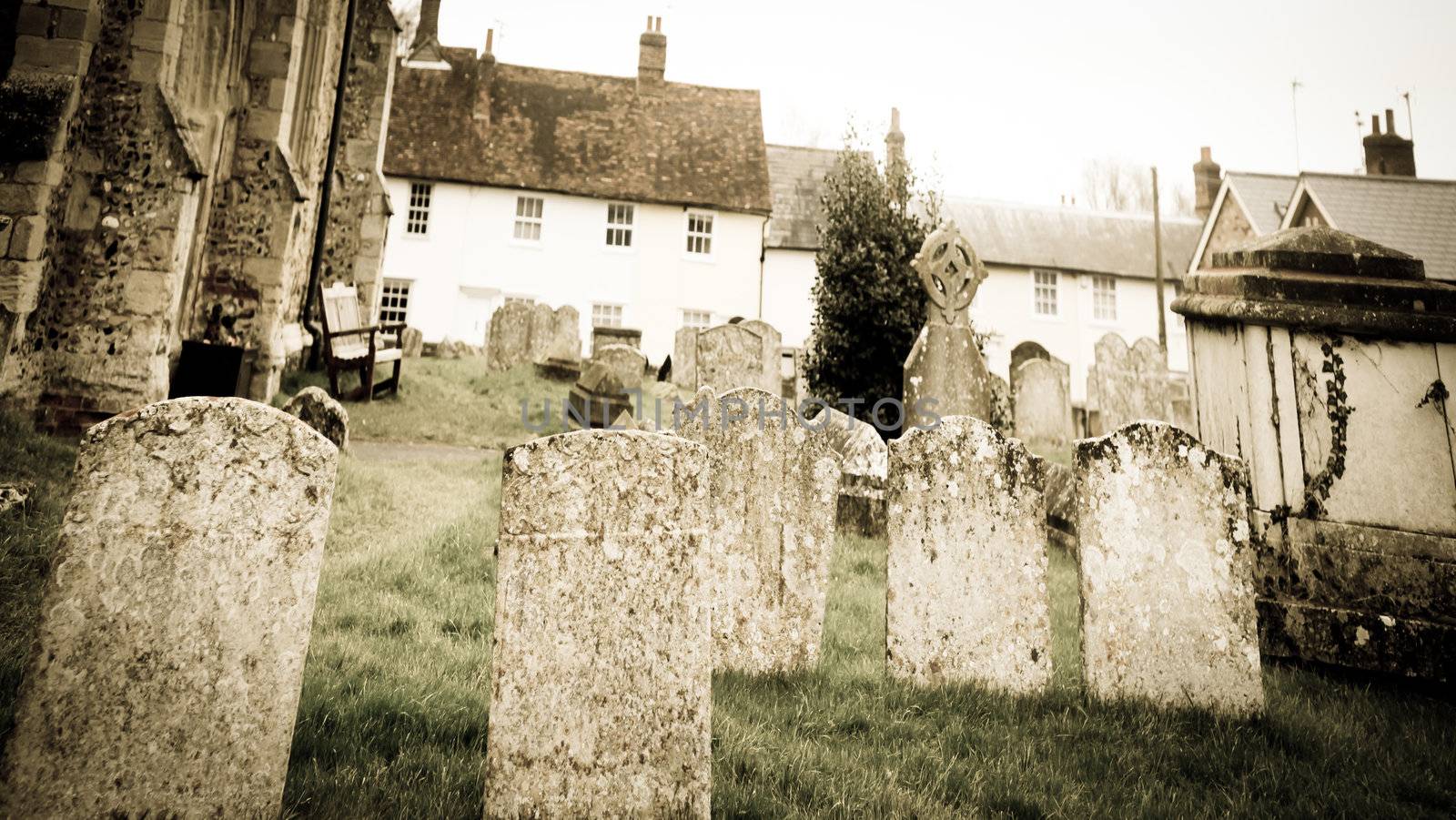 Distored toned image of a graveyard in the UK
