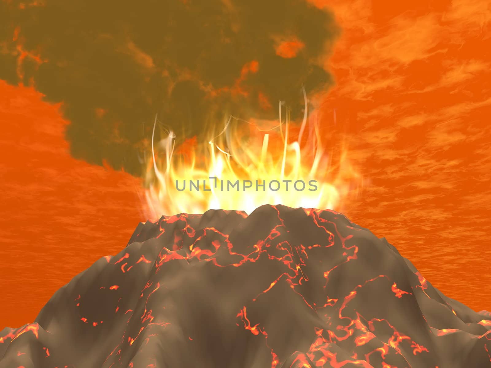 Eruption of a volcano with fire and big smoke in red byckground