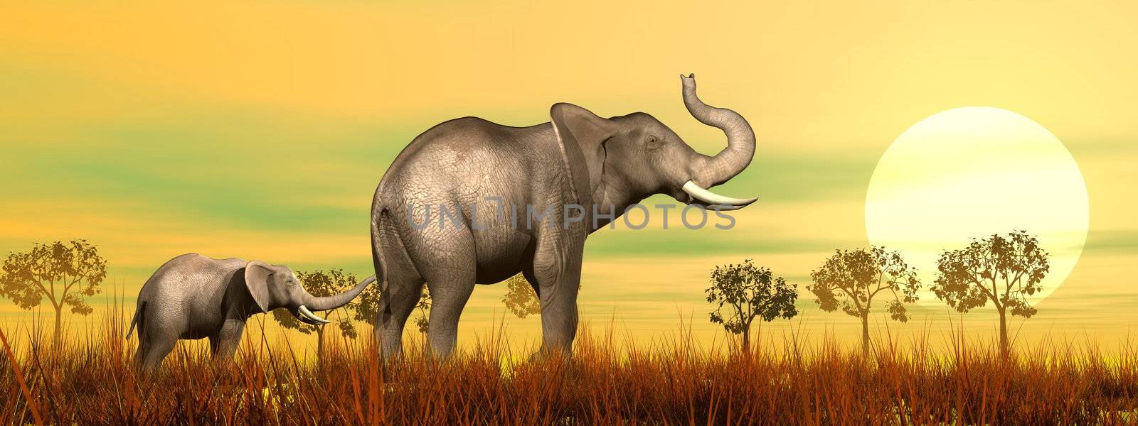 Elephant mum and baby in the savannah - 3D render by Elenaphotos21