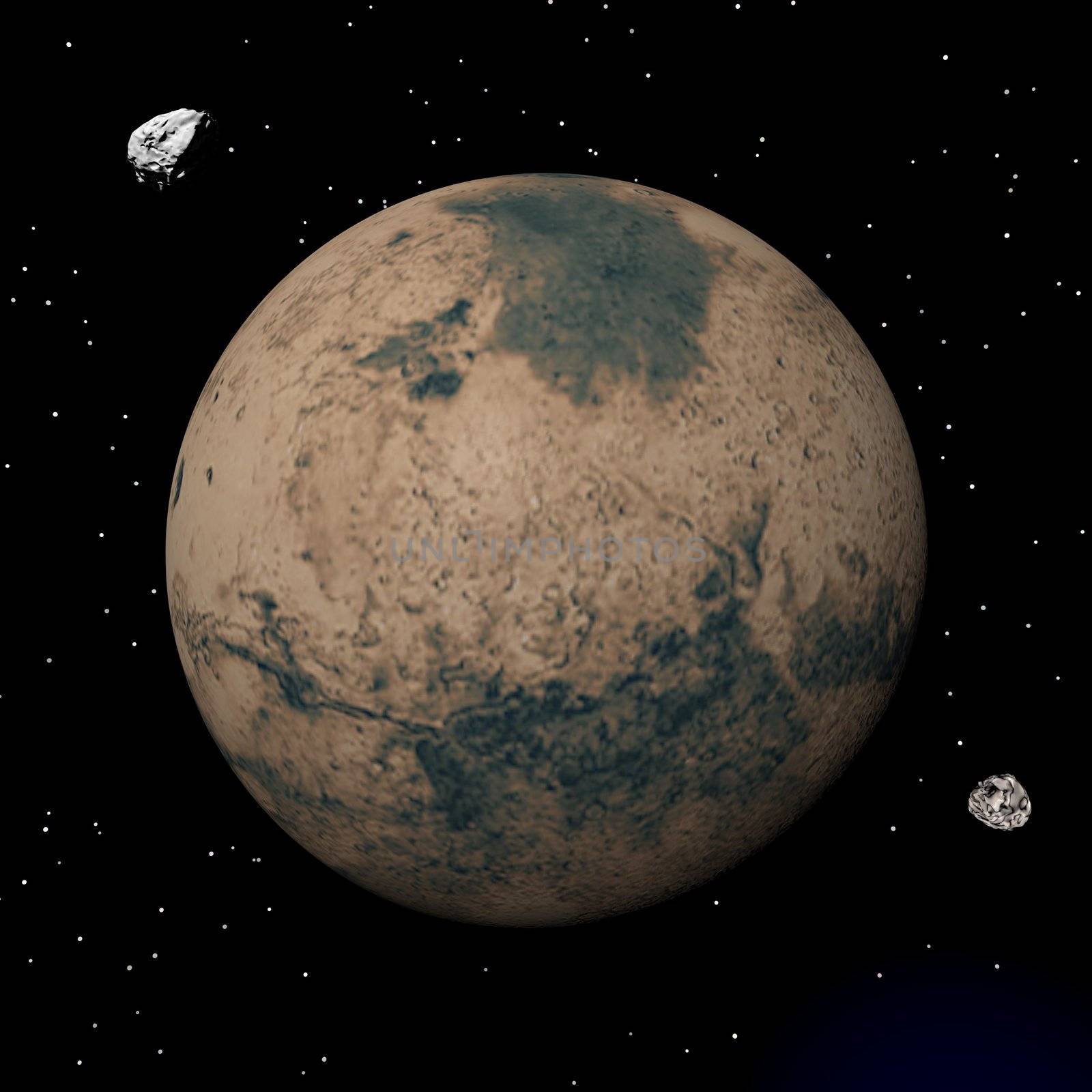 Mars planet and Deimos and Phobos satellites - 3D render by Elenaphotos21