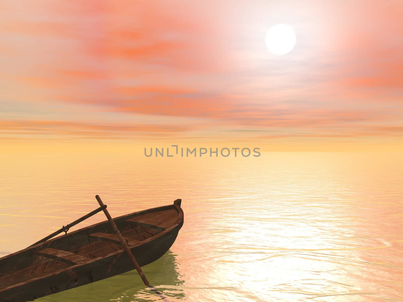 Old brown wood boat with two paddles staying on the quiet water by sunset