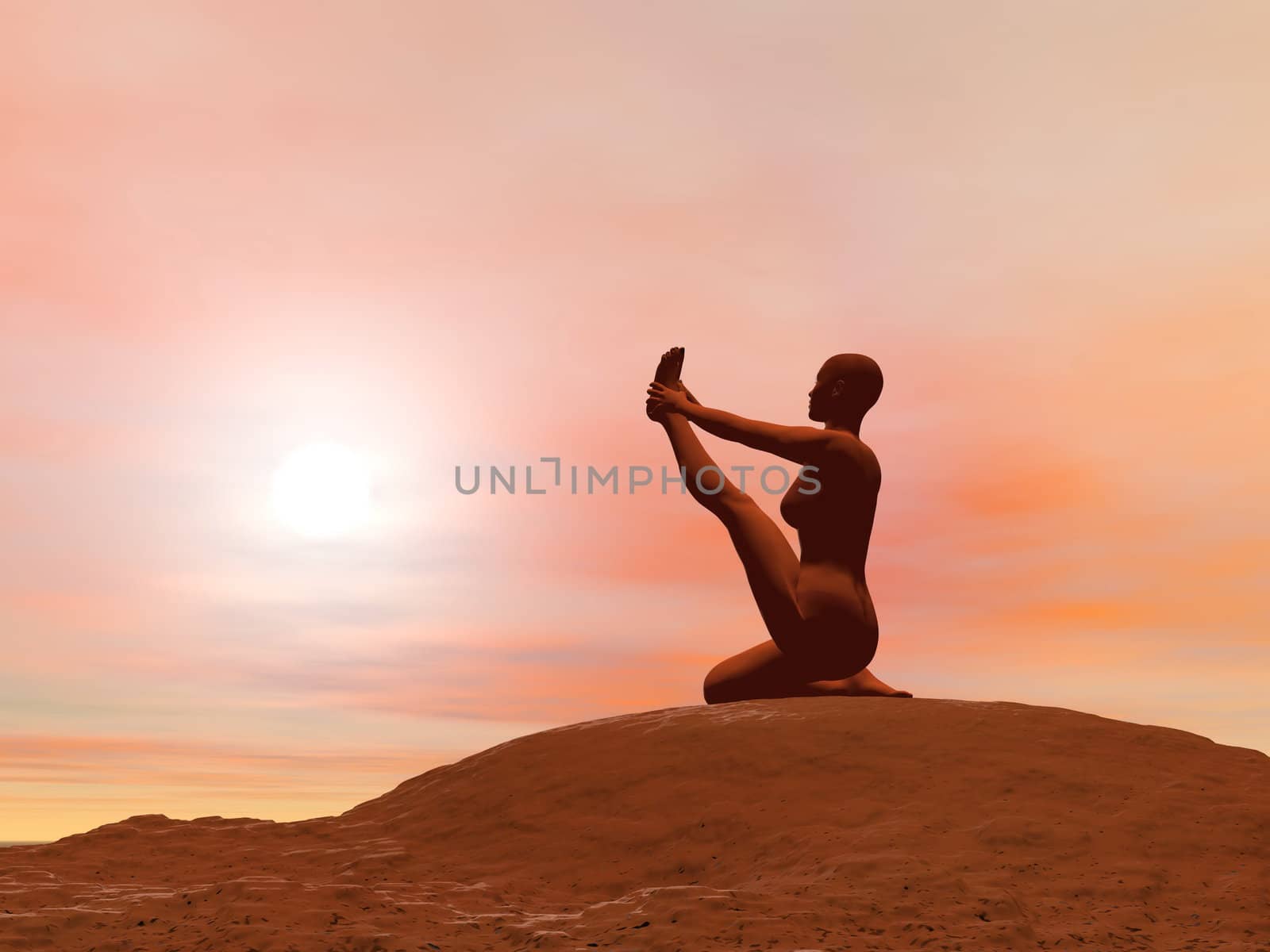 Young woman doing heron pose, krounchasana, while practicing yoga outside in front of sunset