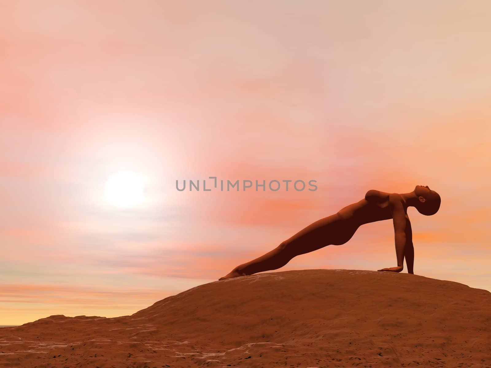 Young woman doing Upward plank pose, purvottanasana, while practicing yoga outside in front of sunset