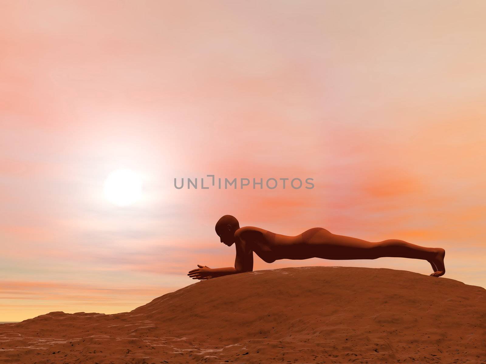 Young woman doing dolphin plank pose, makarasana, while practicing yoga outside in front of sunset