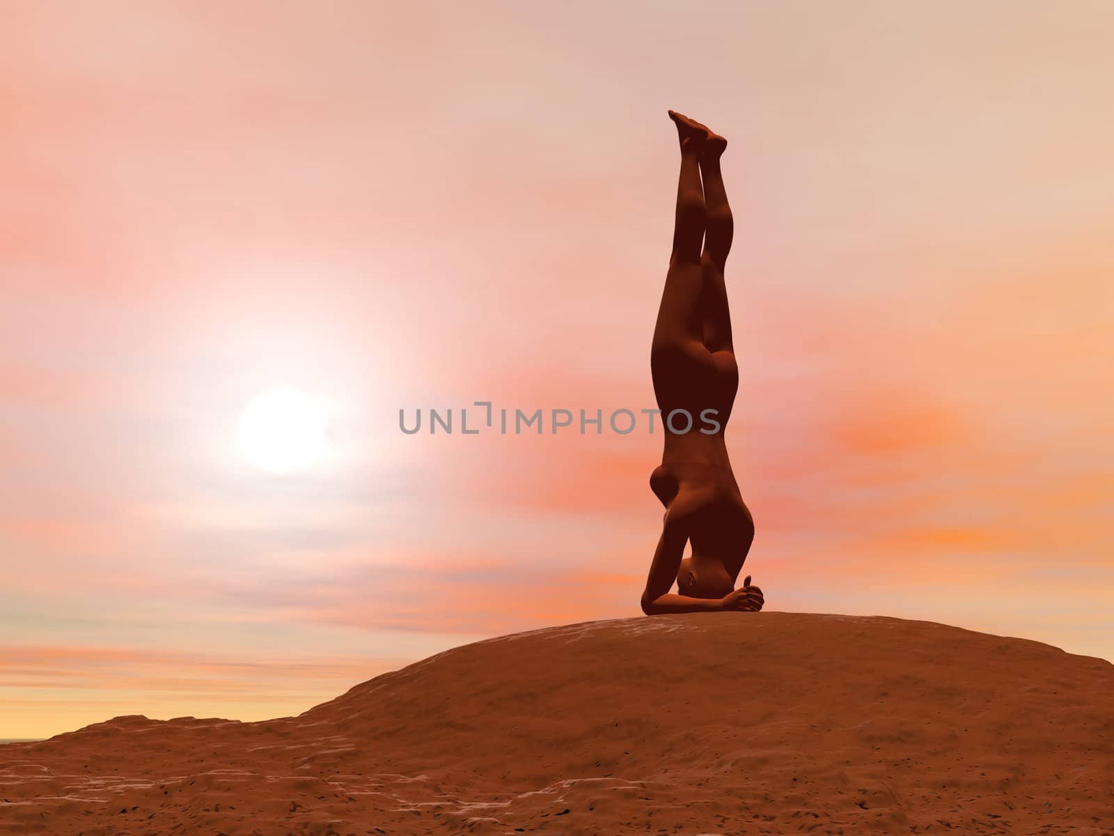 Young woman doing head stand pose, salamba shirshasana, while practicing yoga outside in front of sunset