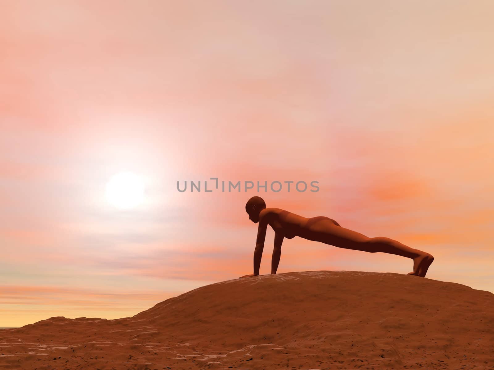 Young woman doing plank pose, adho mukha dandasana, while practicing yoga outside in front of sunset