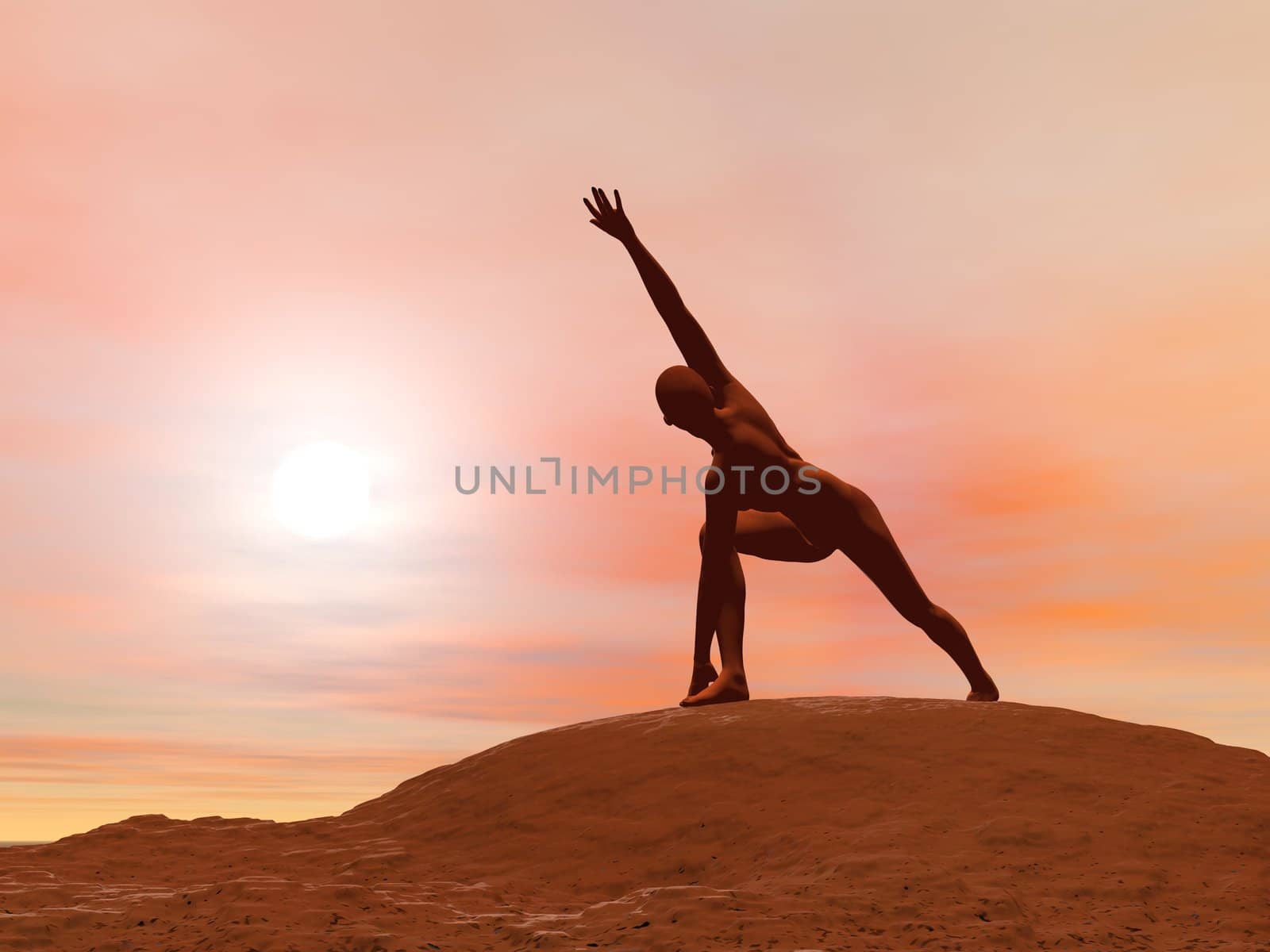 Young woman doing revolved side angle pose, parivrtta parsvakonasana while practicing yoga outside in front of sunset