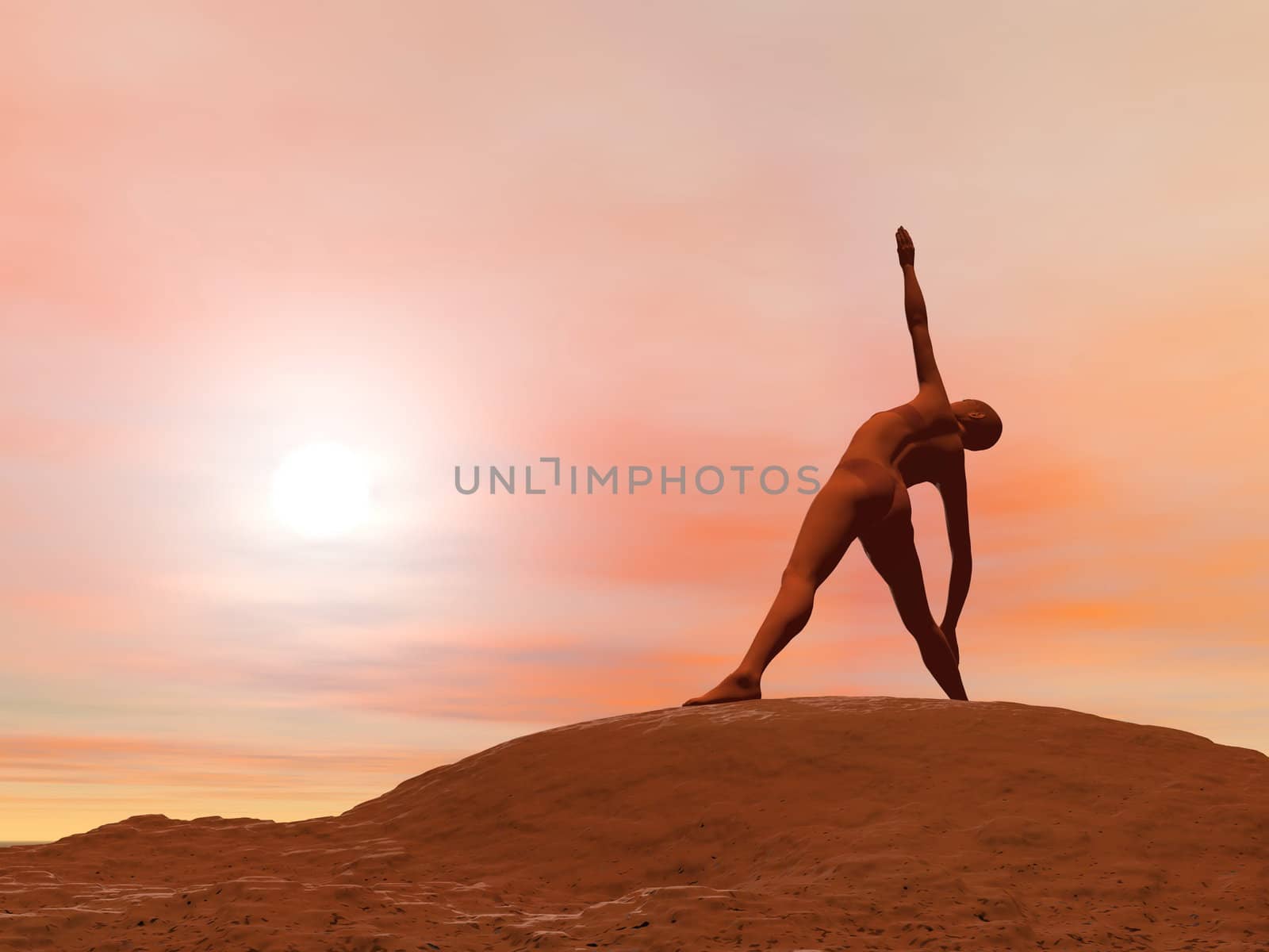 Young woman doing triangle pose, trikonasana while practicing yoga outside in front of sunset