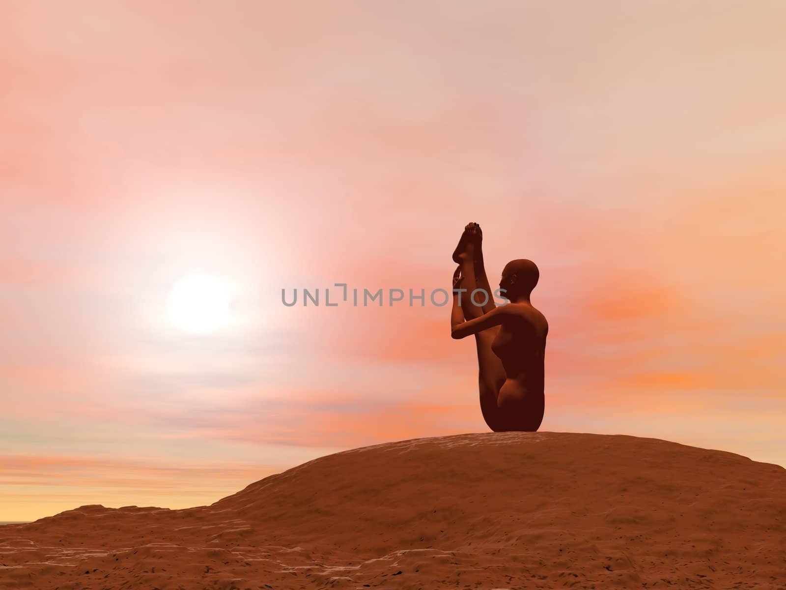 Young woman doing upward facing intense stretch pose, urdhva mukha paschimottanasana while practicing yoga outside in front of sunset