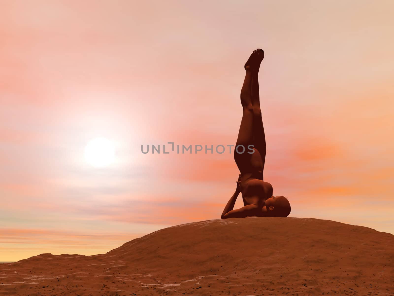 Young woman doing shoulder stand pose, sarvangasana while practicing yoga outside in front of sunset