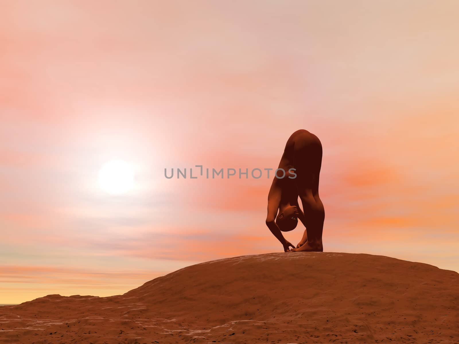 Young woman doing big toe pose, padangusthasana while practicing yoga outside in front of sunset