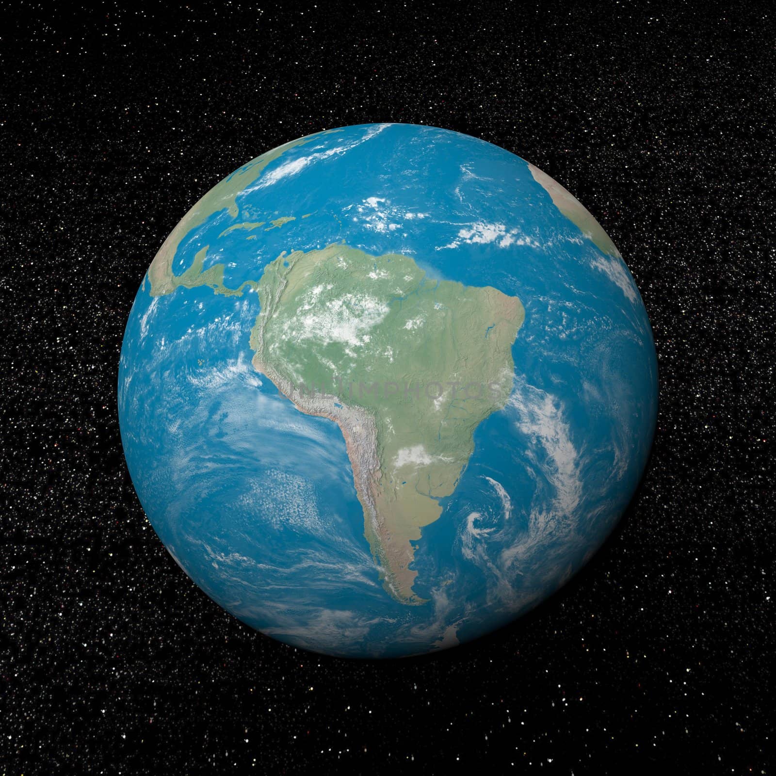 South america on earth and universe background with stars - 3D render