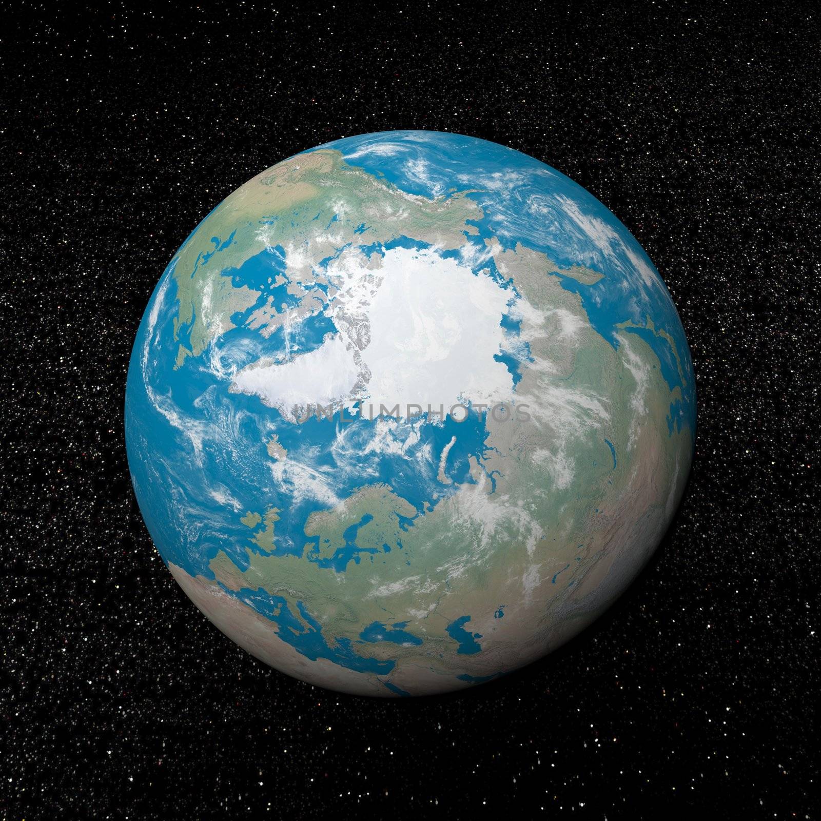 Arctica on earth and universe background with stars - 3D render