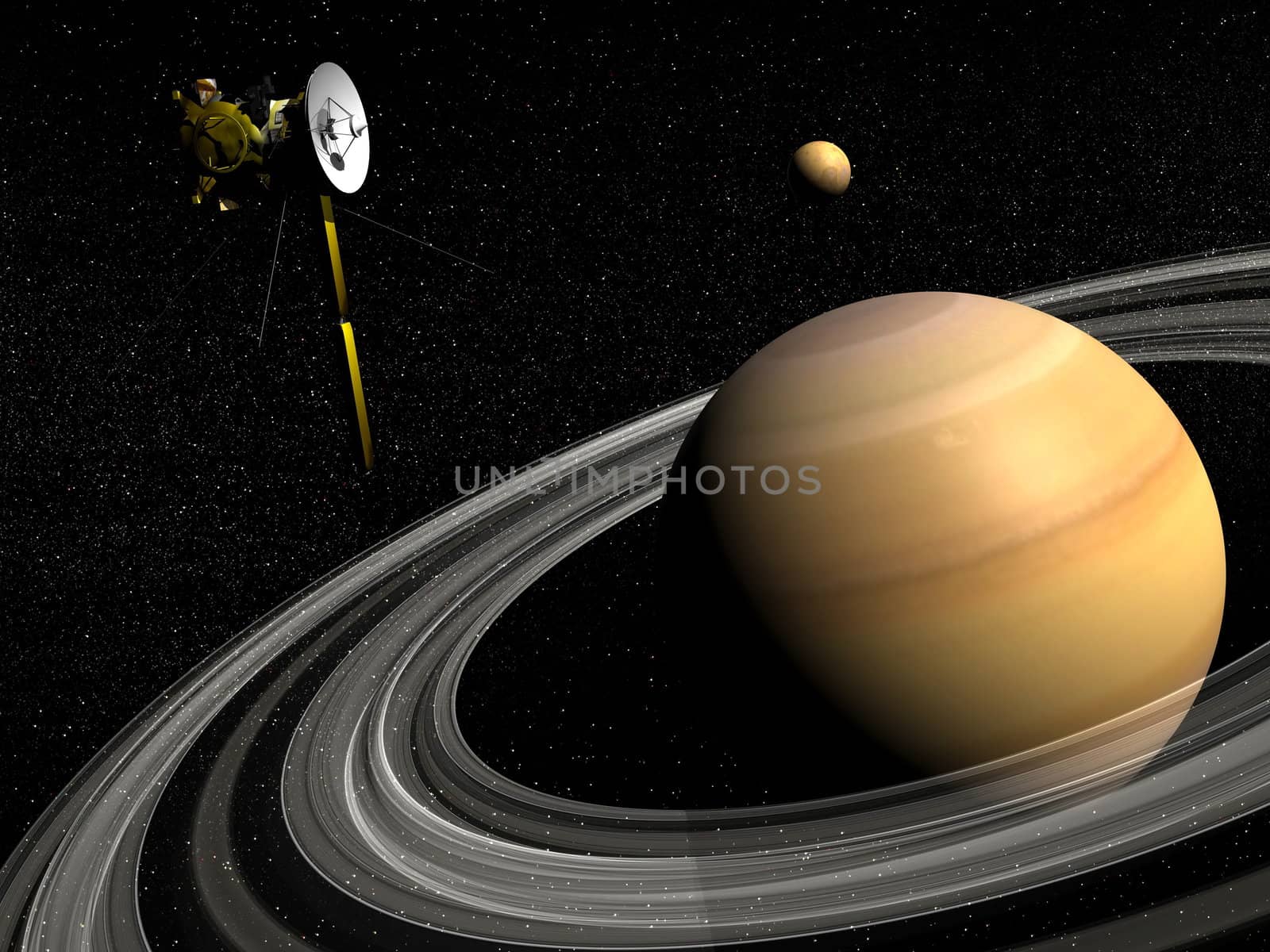 Cassini spacecraft near Saturn and titan satellite - 3D render by Elenaphotos21