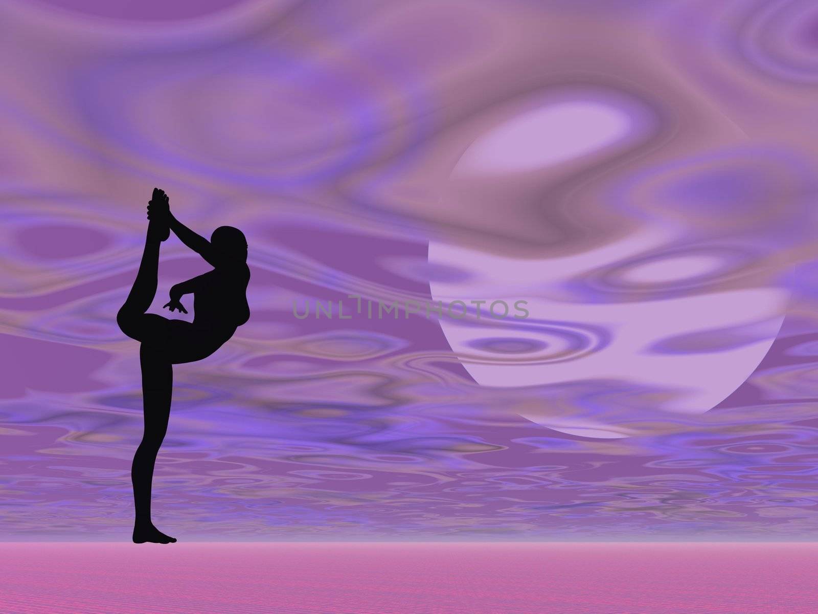 Silhouette of a woman practicing yoga in front of the moon in violet cloudy background