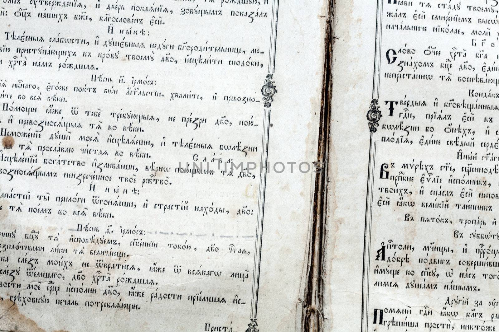 Macro close-up of a scripture in a very old Bible. by sfinks