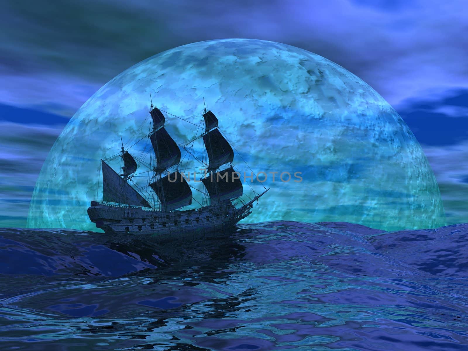 Flying dutchman boat by night - 3D render by Elenaphotos21