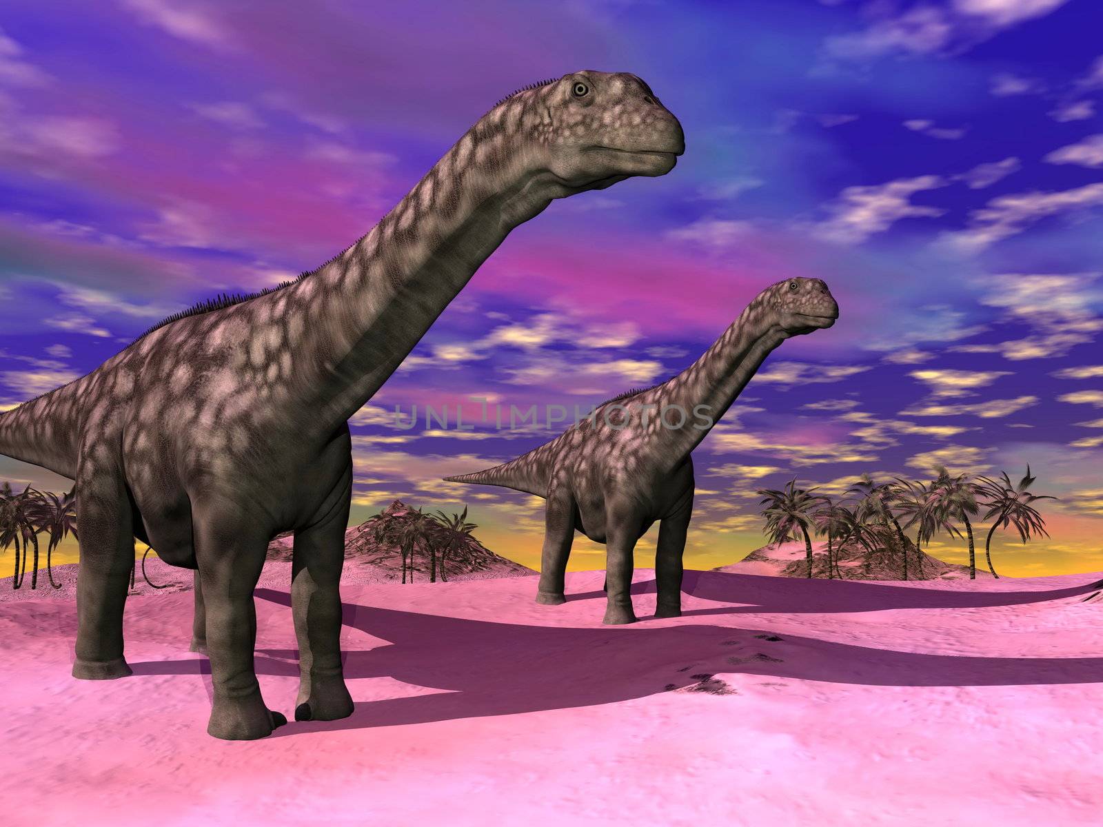 Two argentinosaurus dinausors in a prehistoric wild landscape and colorful sky