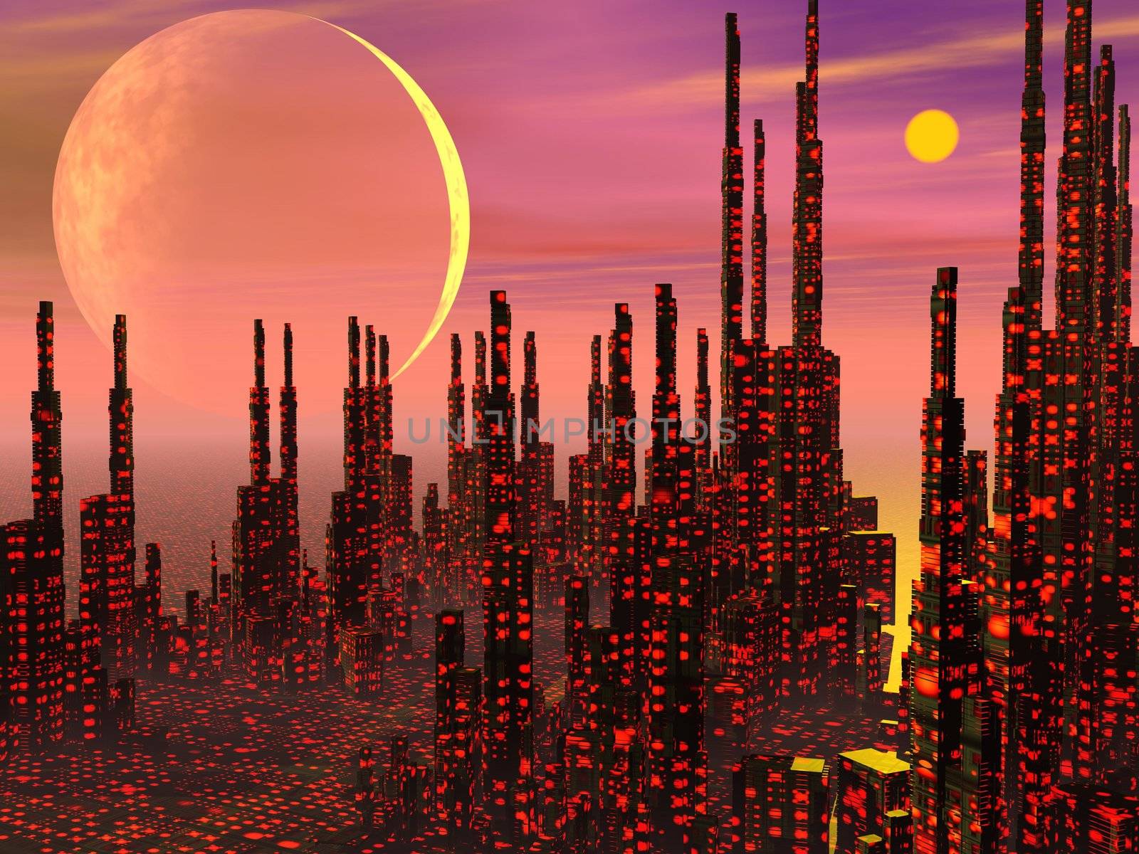 Futuristic buildings in a fantasy city and strange planets