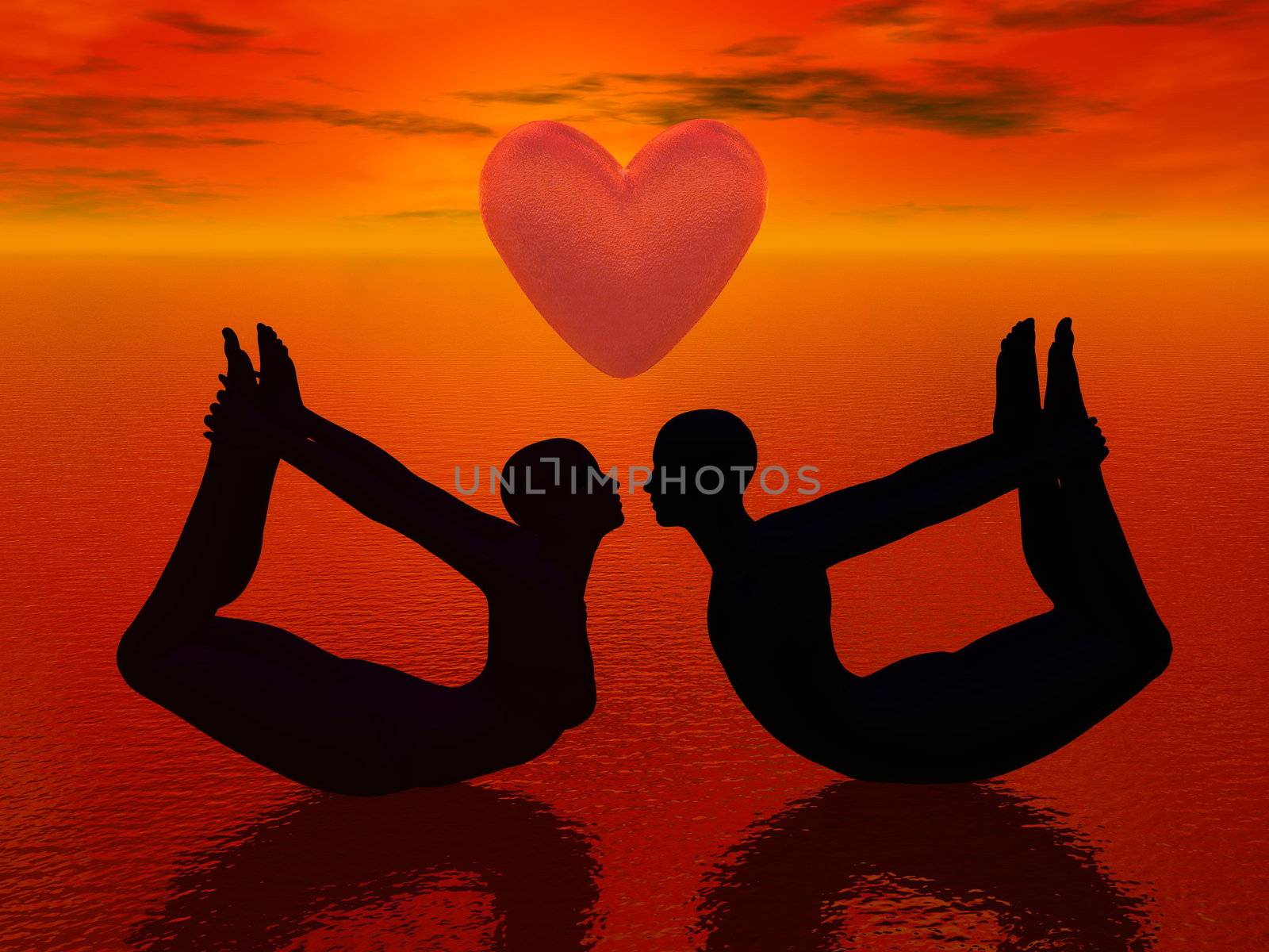 a woman and a man doing yoga pose and almost kissing under a big heart in red background