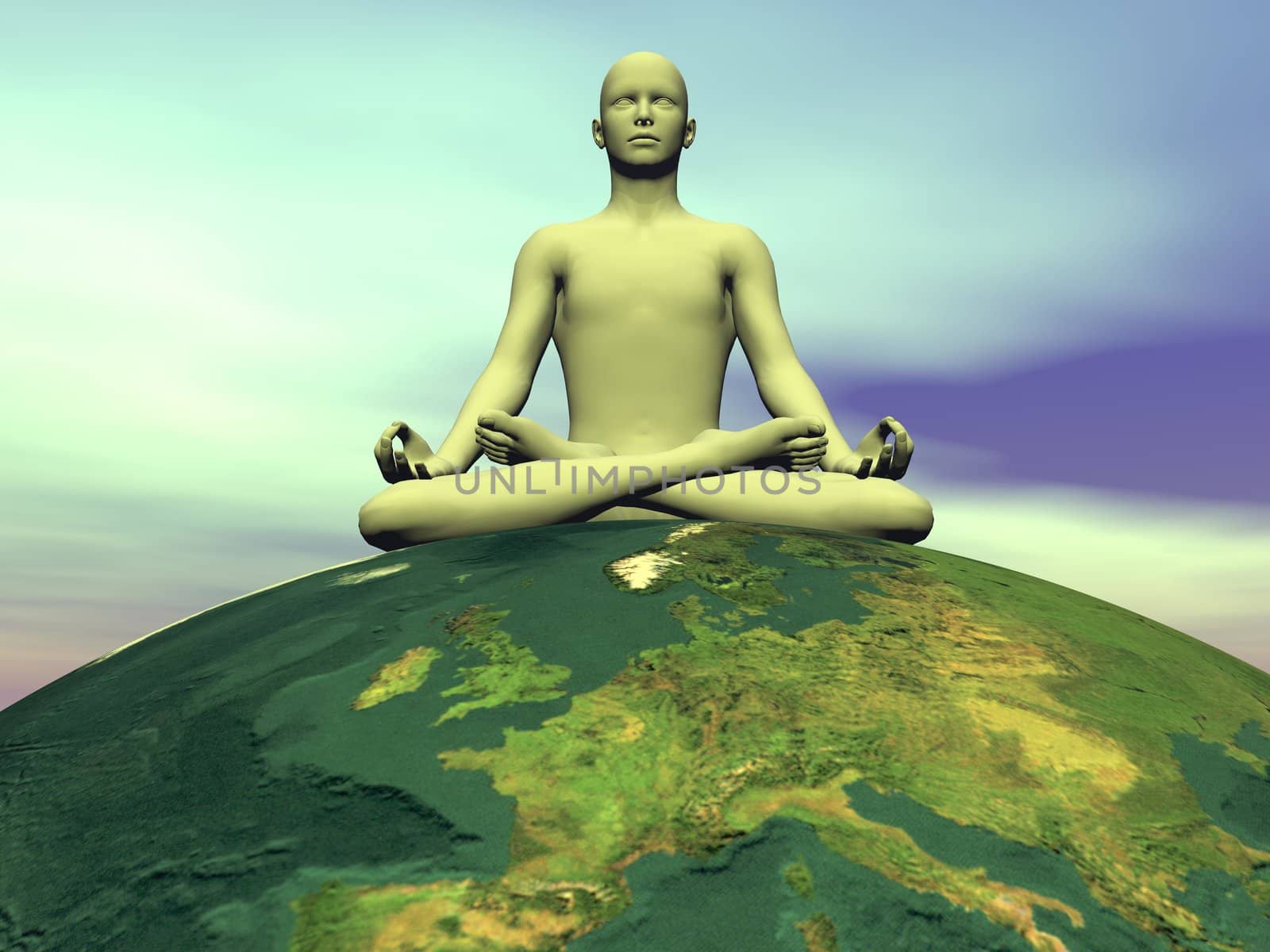 Human meditating while seated on the earth in green background