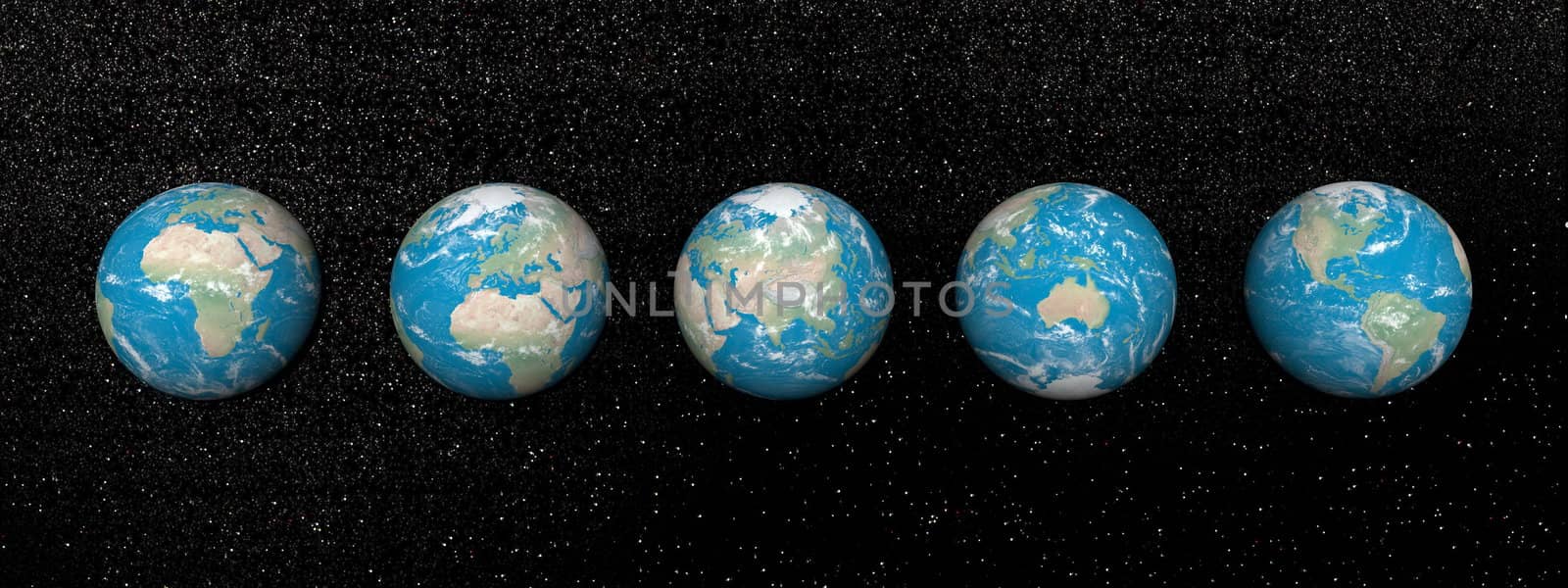 Five earth showing five continents in universe background