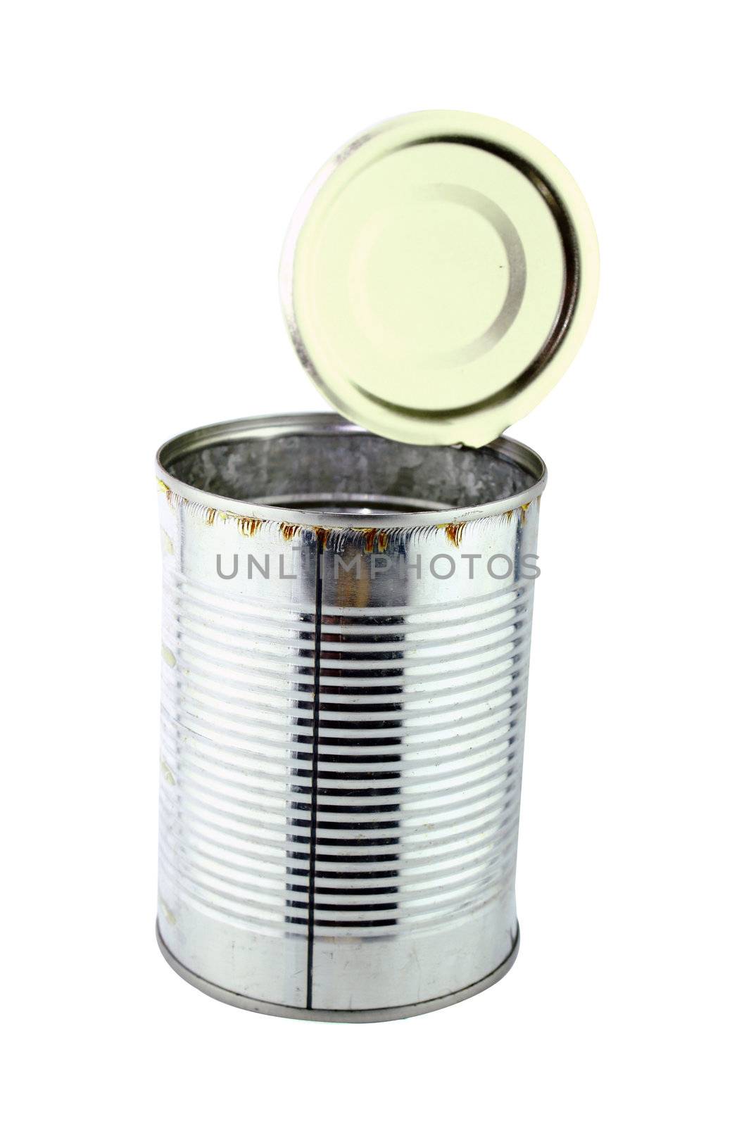 open and empty can on white background with a clipping path