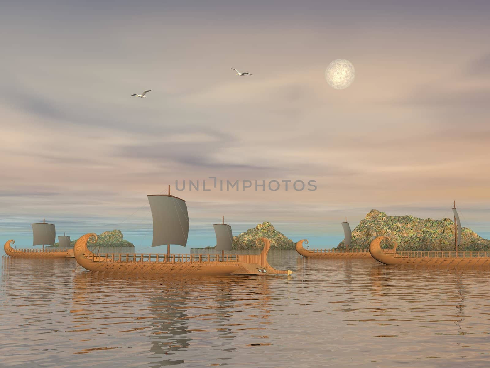 Old greek trireme boats on the ocean next to rocks by cloudy weather