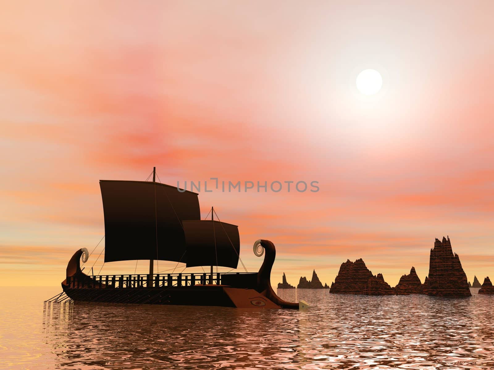 Old greek trireme boat on the ocean next to rocks by sunset