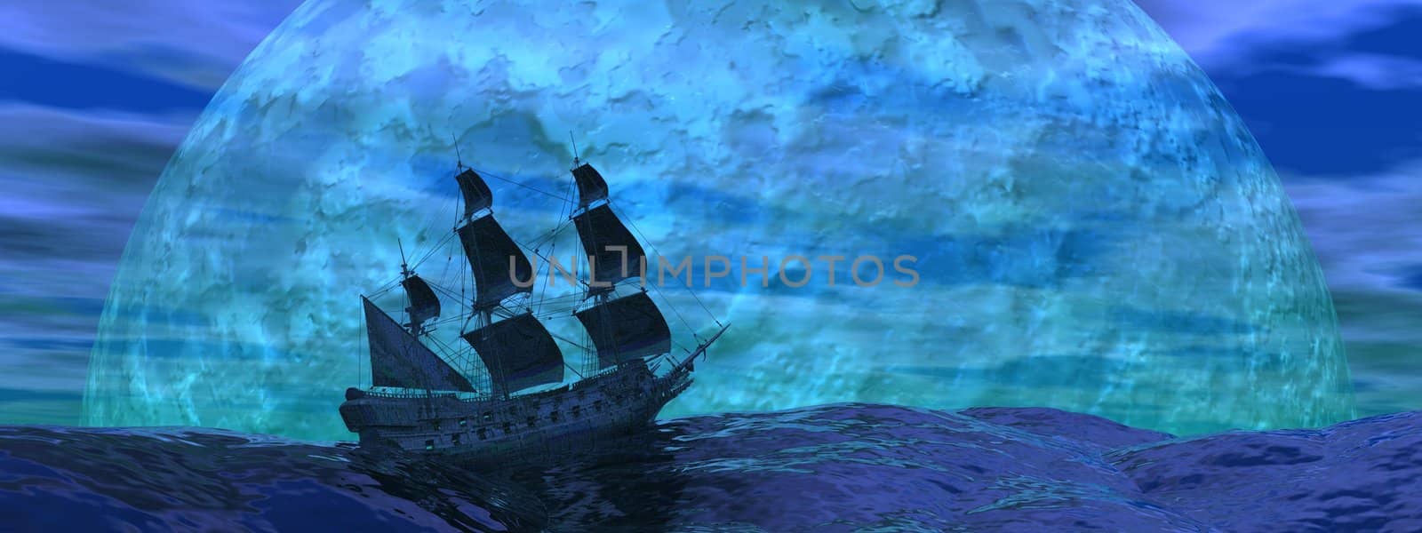 Flying dutchman boat by night - 3D render by Elenaphotos21