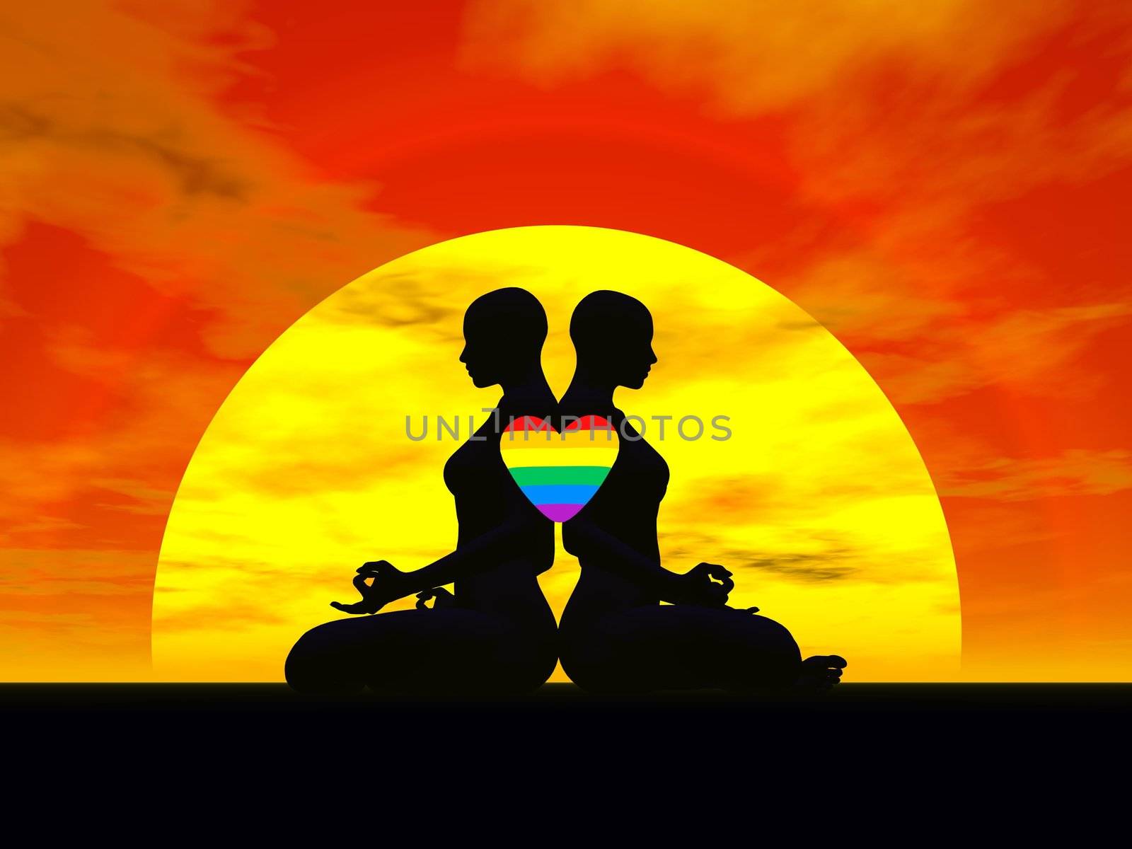 Shadow of two women back to back in lotus meditating posture by sunset, one rainbow color heart upon them